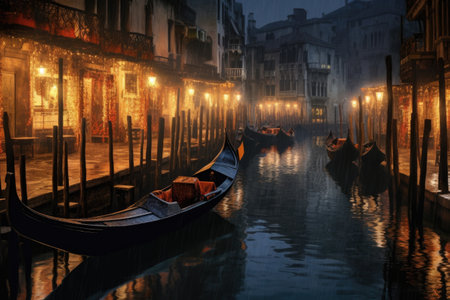 gondolas illuminated by soft lamplight at night, created with generative aiの素材