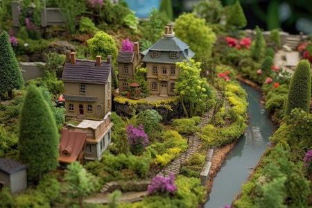 miniature village with picturesque gardens and landscaping, created with generative aiの素材