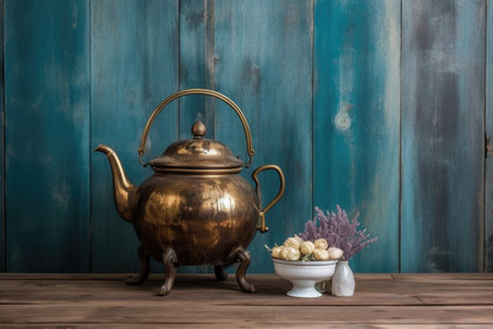 antique brass kettle on rustic wooden table, created with generative aiの素材