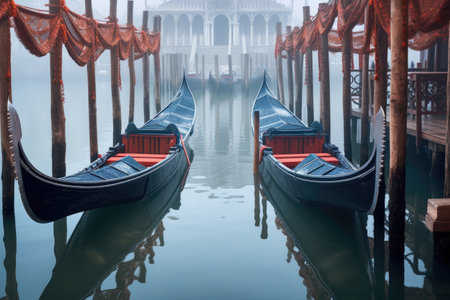 gondolas tethered to an ornate venetian pier, created with generative aiの素材
