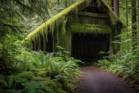 old covered bridge with moss and vines growing, created with generative aiの素材