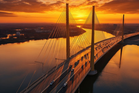 aerial view of a cable-stayed bridge at sunset, created with generative aiの素材