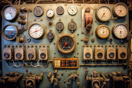 close-up of submarine control panel with buttons and dials, created with generative aiの素材