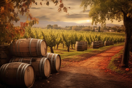 old wine barrels surrounded by vineyard landscape, created with generative aiの素材