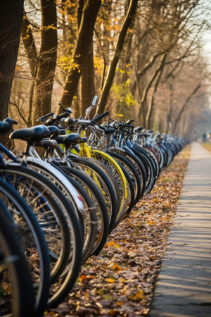 bikes parked in a row, representing eco-friendly transportation, created with generative aiの素材
