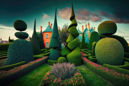 topiary garden with variety of different shapes and colors, created with generative aiの素材