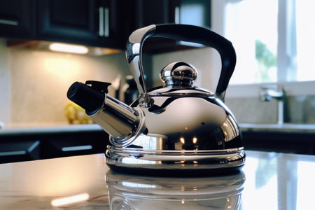 whistling stainless steel kettle on stovetop, created with generative aiの素材