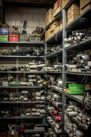 warehouse security system with cameras monitoring shelves, created with generative aiの素材