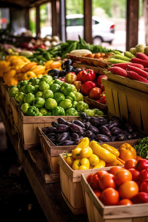 fresh produce display at a local farmers market, created with generative aiの素材