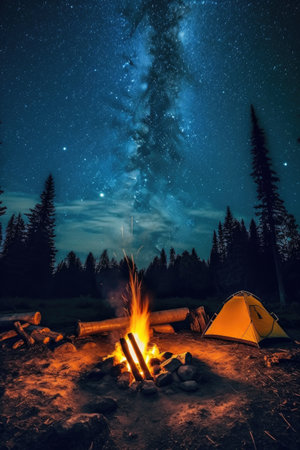 camping gear and bonfire under a starry night sky, created with generative aiの素材
