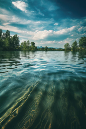 a serene lake with ripples, representing calming thoughts, created with generative aiの素材