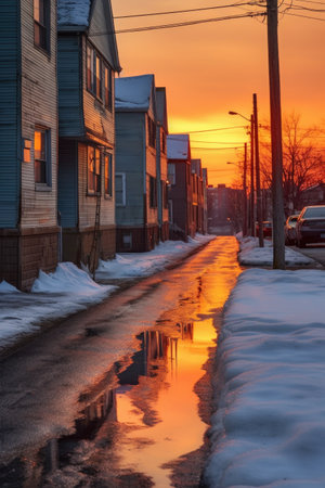 melting snow dripping from a rooftop icicle, created with generative aiの素材