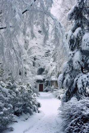 snow-covered evergreens on a peaceful winters day, created with generative aiの素材