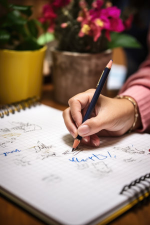 close-up of a teachers hand writing lesson plans, created with generative aiの素材