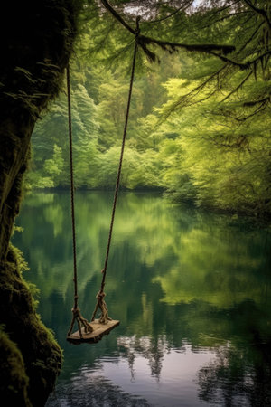 rope swing hanging over a serene lake in forest, created with generative aiの素材