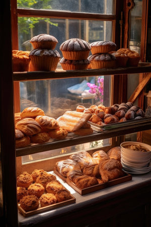 freshly baked goods in a small bakery showcase, created with generative aiの素材