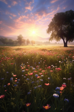 sunrays illuminating a field of blooming flowers, created with generative aiの素材