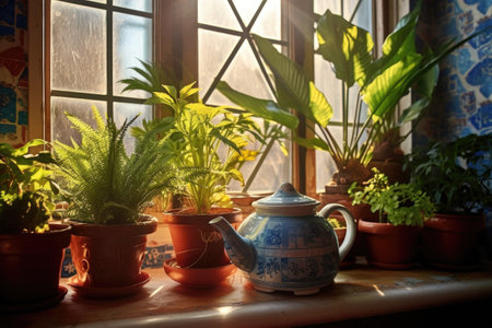 ceramic teapot on sunlit windowsill with plants, created with generative aiの素材