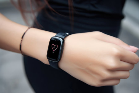 person, wearing fitness tracker with heart rate monitor and pedometer on their wrist, created with generative aiの素材