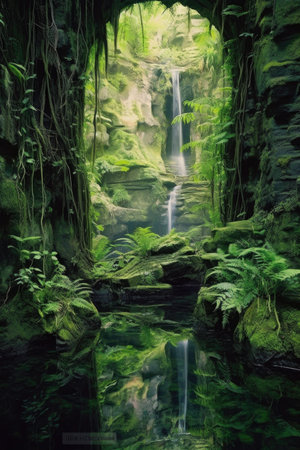 crystal clear waterfall in lush green forest, created with generative aiの素材