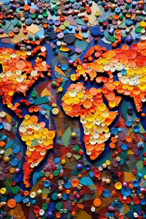 colorful world map made of recycled materials, created with generative aiの素材
