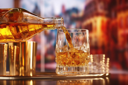 pouring golden whisky into a glass, with blurred distillery background, created with generative aiの素材