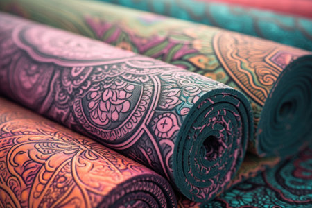 close-up of intricate and colorful yoga mat pattern, created with generative aiの素材