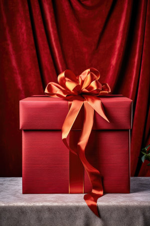 gift box wrapped in red paper with gold bow, created with generative aiの素材