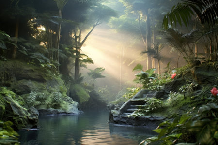 misty hot spring surrounded by lush greenery, created with generative aiの素材