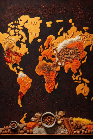 world map created with various spices and ingredients, created with generative aiの素材