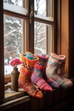 cozy handmade socks on a window sill with snow outside, created with generative aiの素材