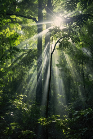 sunrays shining through a dense forest canopy, created with generative aiの素材