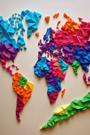 origami world map with colorful paper, created with generative aiの素材