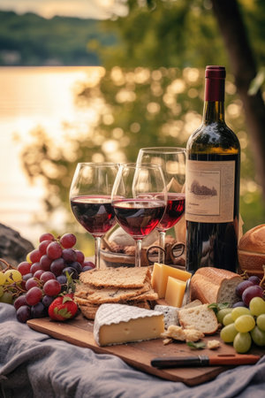 romantic picnic setting with wine, cheese, and fruit, created with generative aiの素材