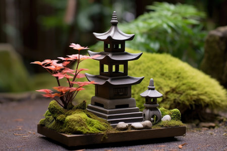 japanese lantern sculpture among zen garden stones, created with generative aiの素材