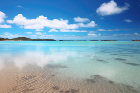 turquoise lagoon and white sand beach at low tide, created with generative aiの素材
