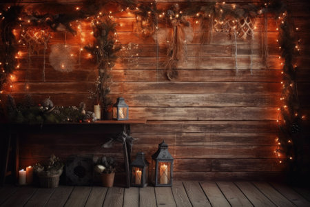 christmas lights on a rustic wooden background, created with generative aiの素材
