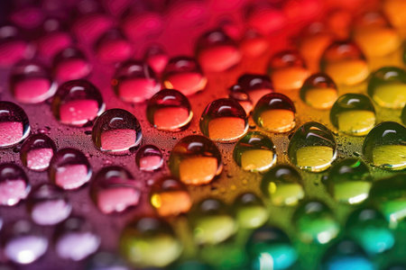 close-up of water droplets on glass reflecting rainbow spectrum, created with generative aiの素材