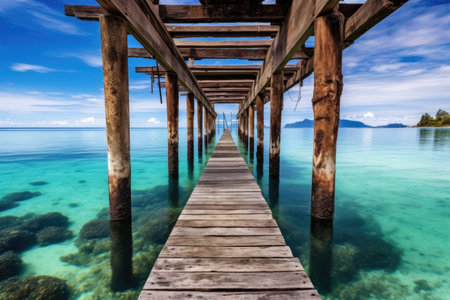 wooden pier reaching out into clear ocean waters, created with generative aiの素材