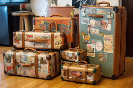 vintage luggage set with travel stickers and tags, created with generative aiの素材