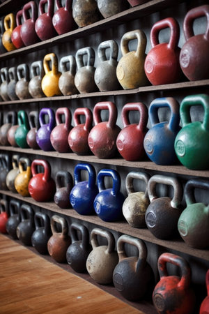 kettlebells lined up, various weights and colors, created with generative aiの素材