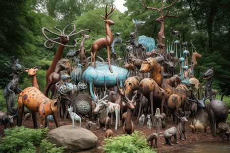 a whimsical sculpture garden featuring fantastical creatures and otherworldly figures, created with generative aiの素材
