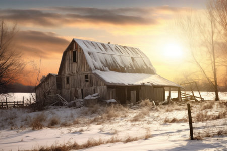 barn with snow-covered roof in a winter landscape, created with generative aiの素材