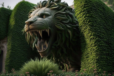 topiary of a roaring lion, with its claws and teeth bared, created with generative aiの素材
