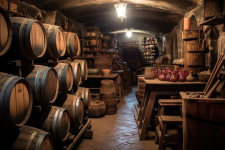traditional wooden wine barrels stacked in cellar, created with generative aiの素材