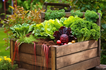 freshly harvested vegetables in a wooden crate, garden background, created with generative aiの素材