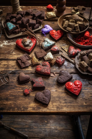heart-shaped chocolates on rustic wooden table, created with generative aiの素材
