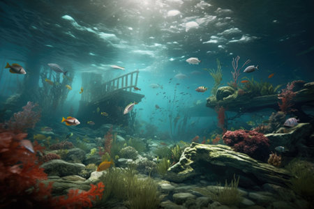 underwater view of marine life reacting to a tsunami, created with generative aiの素材