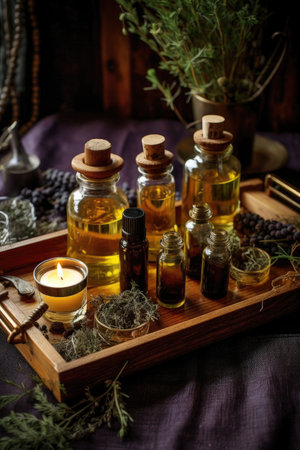 essential oils and candles on wooden tray, created with generative aiの素材