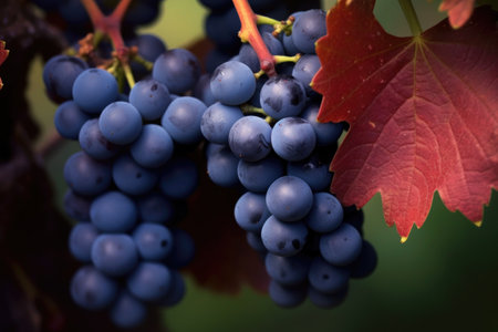 close-up of ripe grapes on vine before harvest, created with generative aiの素材